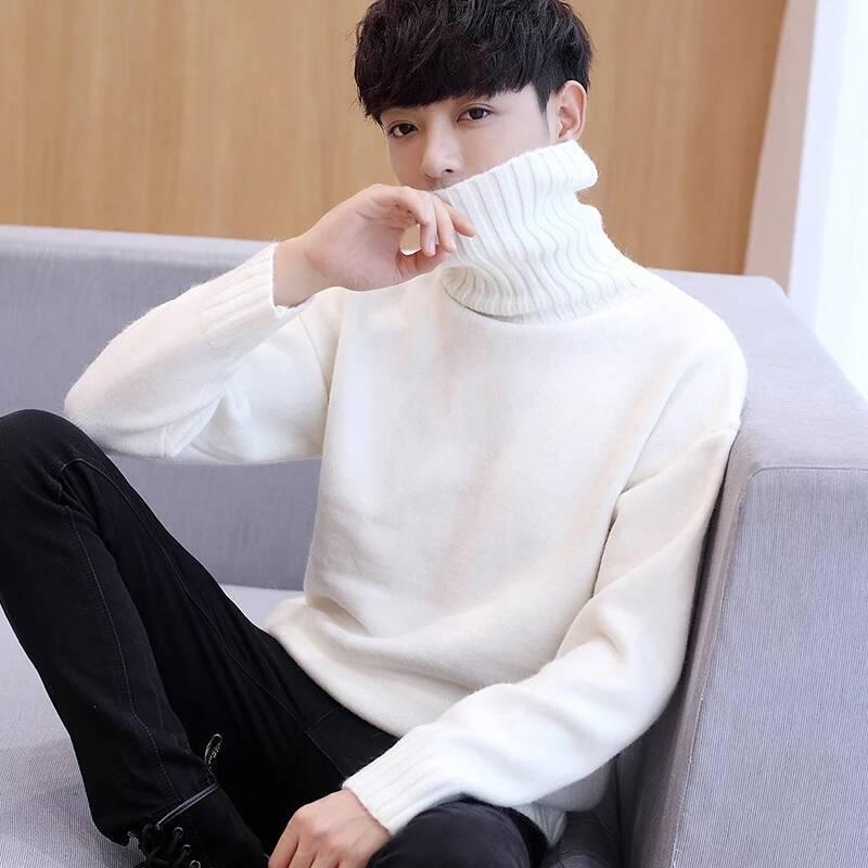 Men's Turtleneck Pullover Sweater Solid Color Long Sleeve Round Neck Jacket All-match Fashion Casual Coat