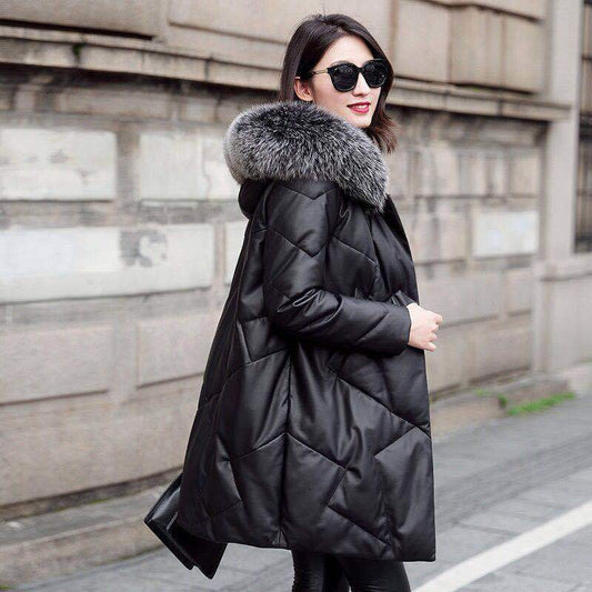 Women's PU Leather Jacket Mid-length Windproof Thick Warm Plus Size Hooded Parka Coat with Detachable Fur Collar Female Overcoat