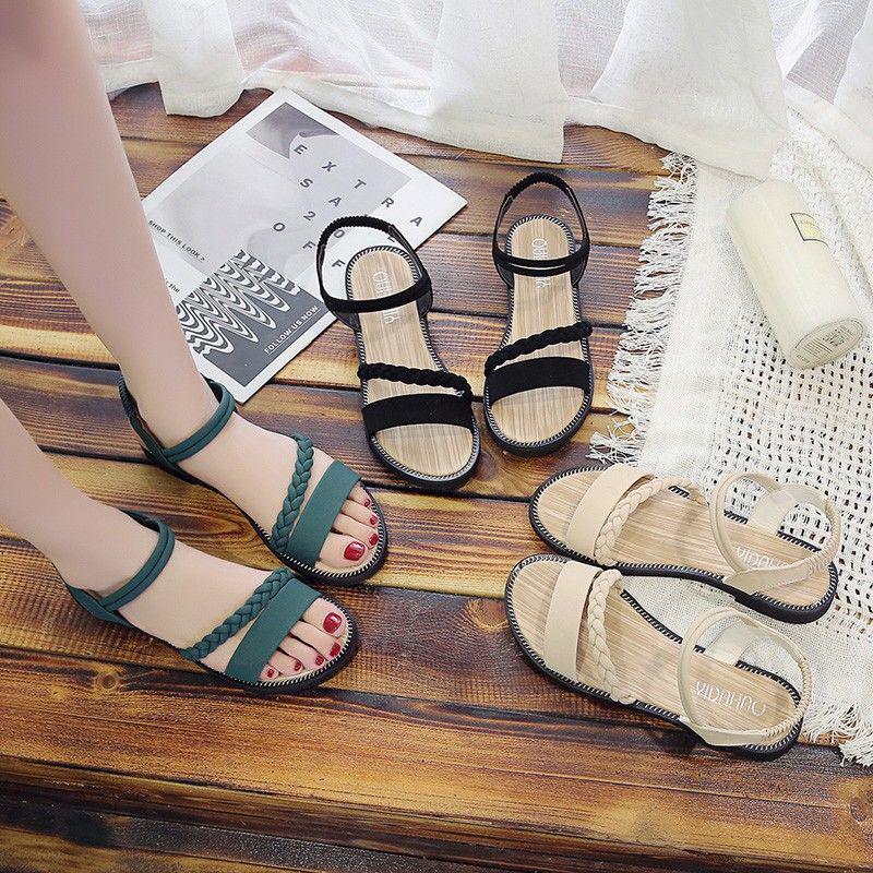 Flat Sandals Women's Shoes Open-toe Elastic Band Sandals Women's Casual Women's Flat-bottom Beach Shoes College Style All-match Sandals