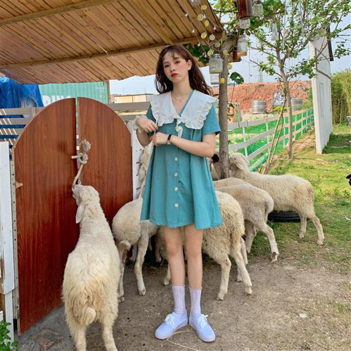 Cute Sweet Girl Ruffle College Style Age Reduction Looser  Short Sleeve Dress
