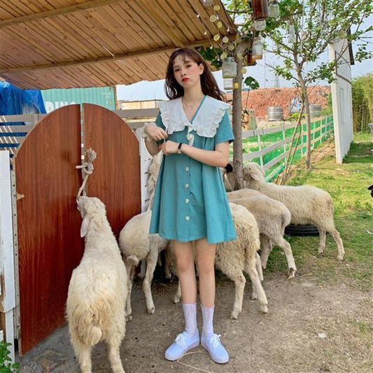 Cute Sweet Girl Ruffle College Style Age Reduction Looser  Short Sleeve Dress