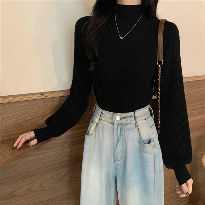 Winter Sweater Women Turtleneck Lantern Sleeve Solid Pullover Sweaters White Black Fall Fashion Knitted Tops Girl Jumpers