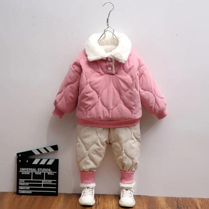 Girls' Winter Cotton-padded Clothes Suit Tide Baby Plus Velvet Thickening Two-piece Suit Children's Children's Western Style Cotton-padded Clothes
