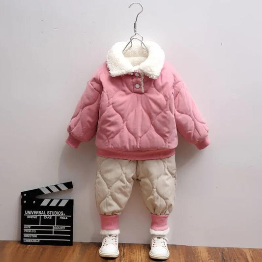 Girls' Winter Cotton-padded Clothes Suit Tide Baby Plus Velvet Thickening Two-piece Suit Children's Children's Western Style Cotton-padded Clothes