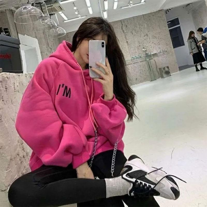 Women's Autumn and Winter Oversize Hooded Plus Velvet Thick Coat Korean Version of The Student Loose Top Ladies Ins Casual Sweater