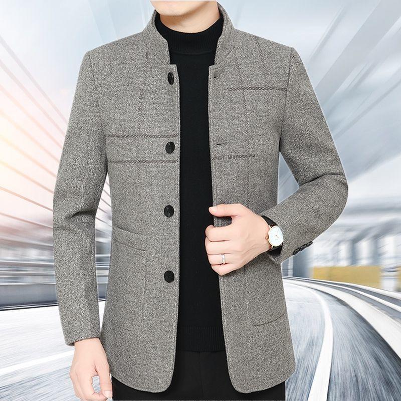 Men's Woolen Jacket Stand Collar Middle-aged Slim Casual Business Jacket Thickened Plus Size Dad Outfit