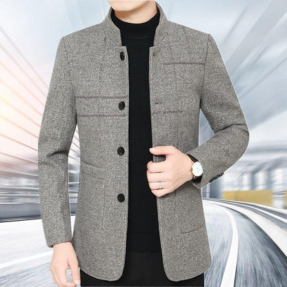 Men's Woolen Jacket Stand Collar Middle-aged Slim Casual Business Jacket Thickened Plus Size Dad Outfit