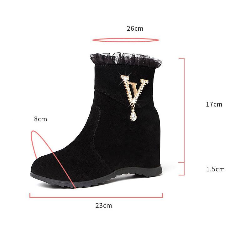 Autumn and Winter Frosted Plush Inner Heightening Women's Boots Versatile Middle Heel Rhinestone Short Martin Boots