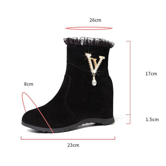 Autumn and Winter Frosted Plush Inner Heightening Women's Boots Versatile Middle Heel Rhinestone Short Martin Boots