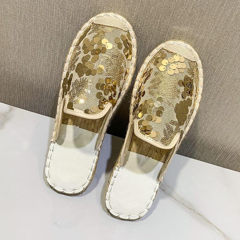 Baotou Half Slippers Female Summer Flat-bottomed Lazy One-step Outside Wear Net Red Sequin Fisherman Sandals and Slippers