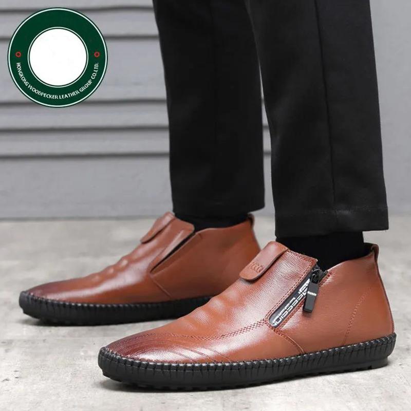 Winter Leather Cowhide High-top Cotton Shoes Men Plus Velvet Warm Leather Shoes Wool Lining Shoes