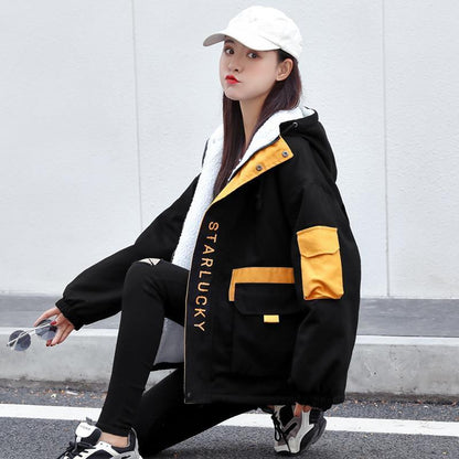 Plus Velvet Women's Jacket Autumn and Winter Fashion Loose BF Wild Cotton-padded Jacket Students Thickened Tooling Baseball Uniform