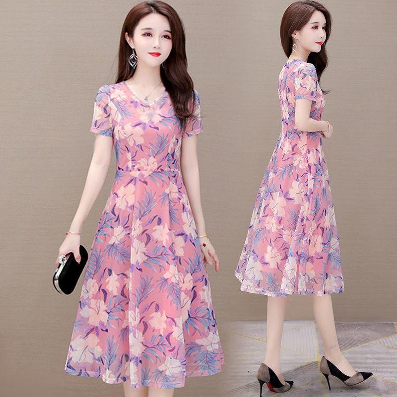 Women Summer Dress Vintage High Waist Short Sleeve Holiday Dress Elegant Slim Floral Printed Pleated Casual Dress