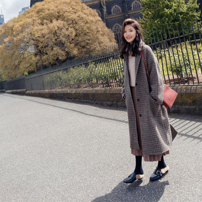 Loose Woolen Coat Women's Mid-length Houndstooth Coat Women's Autumn and Winter Models All-match Loose Mid-length Coat