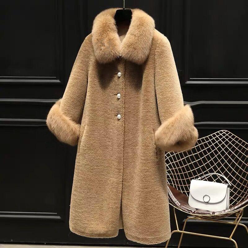 Autumn and Winter New Faux Sheep Shearling Coat Women Mid-length Faux Fox Fur Collar Loose Grain Fleece Faux Fur Coat