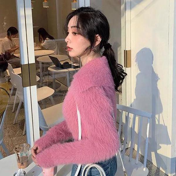 Mink Fleece Turn Down Collar Short Sweater Early Autumn Soft Waxy Diamond Button Knitted Cardigan Small Fragrance Jacket