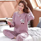Women's Pure Cotton Long-sleeved Pajamas Set Simple Cartoon Printing Round Neck Loose Thin Casual Homewear Set Soft Comfortable Pjs Sleeping Suit