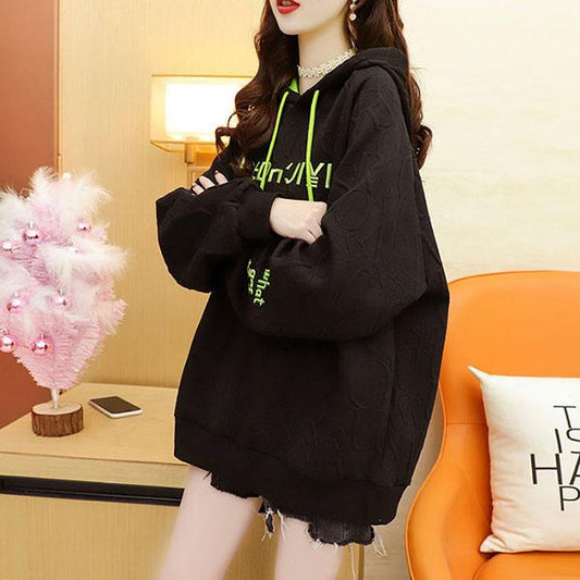 Women's Large Size Loose Hooded Tops Versatile Casual Plush Coat Autumn and Winter Mid-length Hoodies Streetwear Warm Coat
