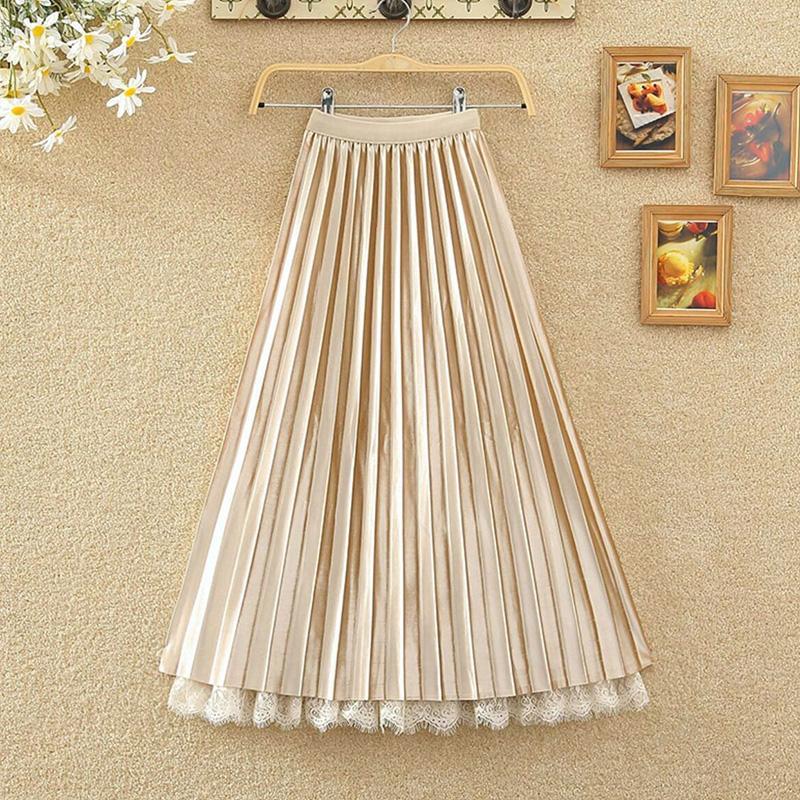 Golden Velvet Yarn Skirt Woman's Mid-length Elastic Waist Printed Lace High Waist A-line Skirt Pleated Skirt School Work Travel