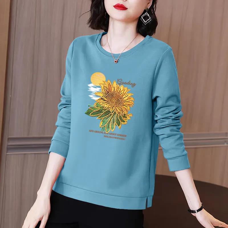 Spring Sunflower Print Pullover Long Sleeve T-shirt Casual Slit Bottoming Shirt Women Cotton Shirt