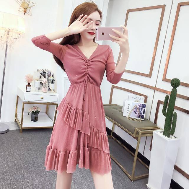 Dinner Dress Women's Fashion Temperament Long Sleeve Sexy Bright Diamond Mesh Drawstring V-neck