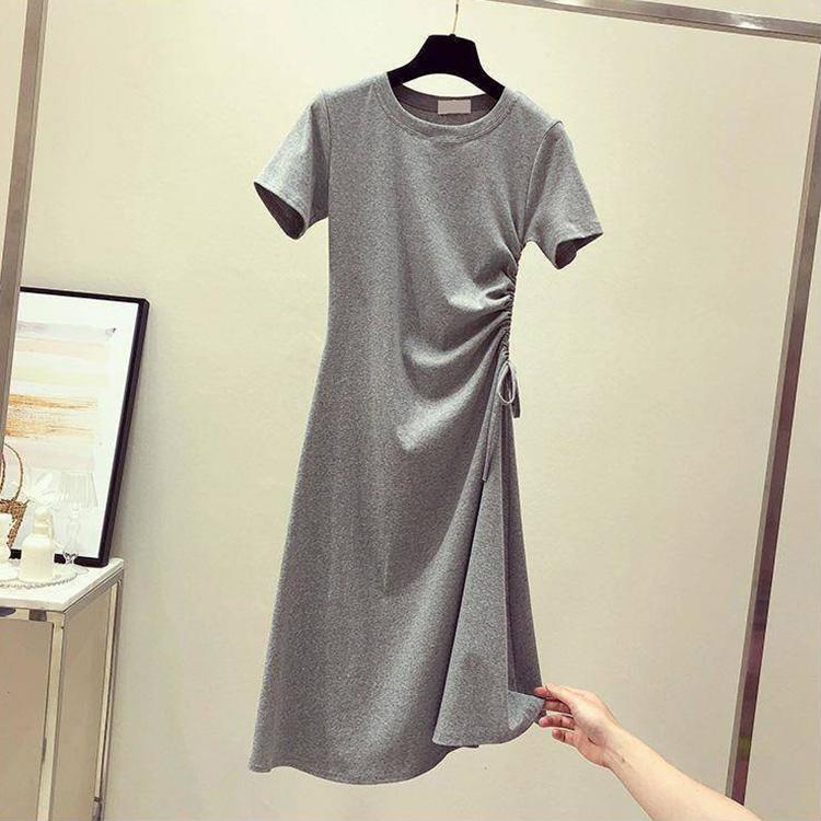 Ladies Mid-length  Round Neck Slim Base Short Sleeve Loose and Casual Solid Color Roped Drawstring Dress