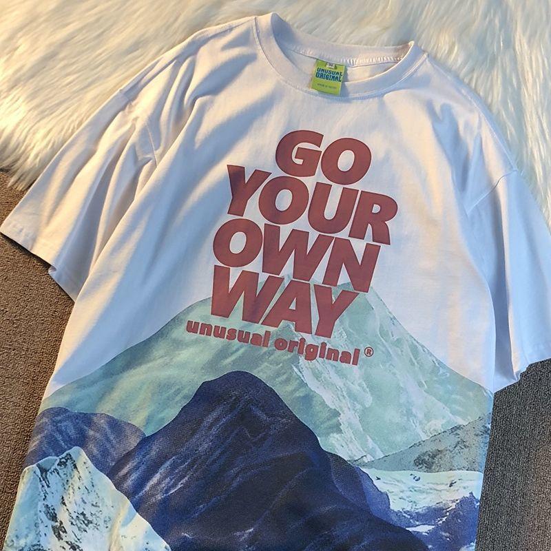Snow Mountain Printed Short Sleeve T-shirt Men and Women Street Loose Couple Half Sleeve Top