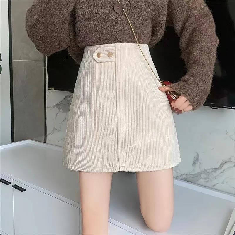 Corduroy Plus Velvet Thickening Autumn and Winter High Waist Skirt Female Apricot All-match Thin Skirt Trend