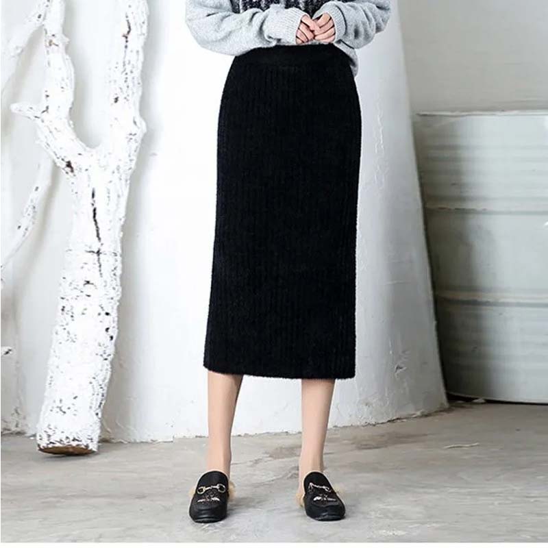 Women's Autumn and Winter Fashion Warm Imitation Mink Fleece Skirt Thick Knit Mid-length Slit Bag Hip Wool One-step Long Skirt