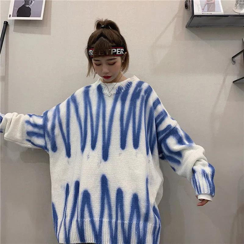 Print Knitted Sweater Women Elegant Striped Oversized Pullovers Women Spring Loose Long Sweaters Streetwear Knitted Coat