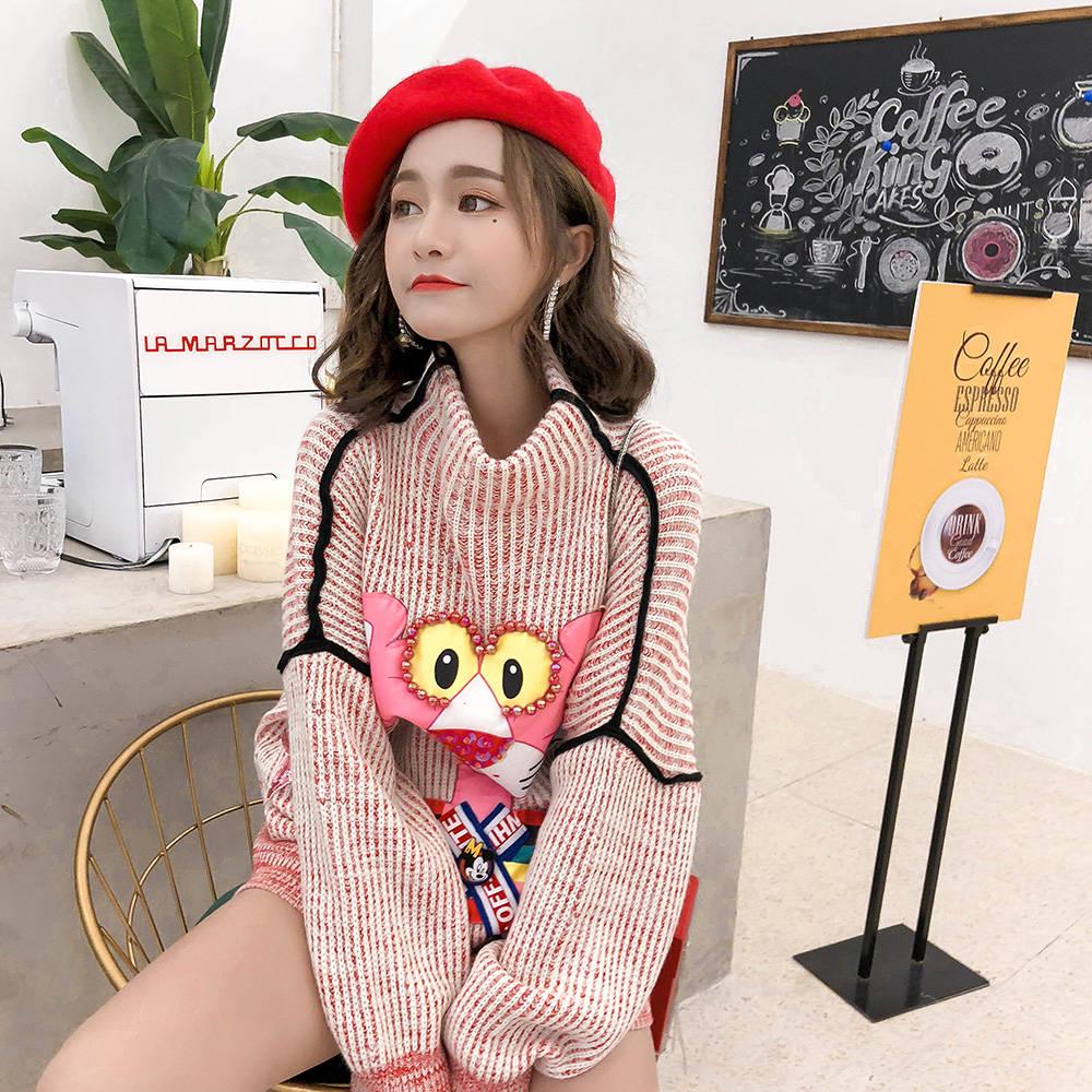 Pink Panther Beads Knitwear Turtleneck Loose Knitting Pullover Chic Women Jumper Sweater