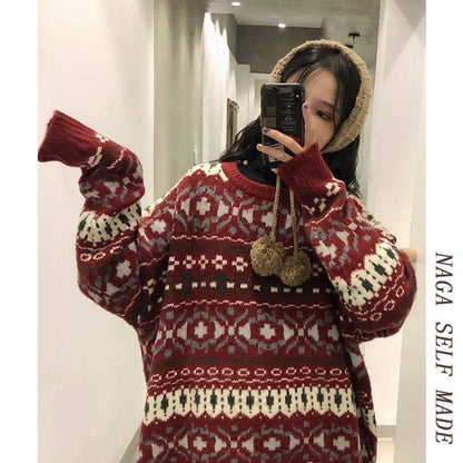 Pofulove Autumn Winter Loaded Cherry Red Jacquard Christmas Sweater Women Loose Pullover Sweater
