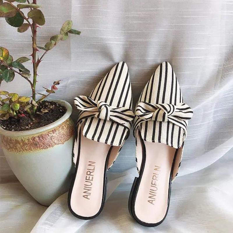 Sandals and Slippers Women's Outer Wear Spring and Summer Square Toe Korean Version of Thick with Bows All-match Lazy Half Slippers