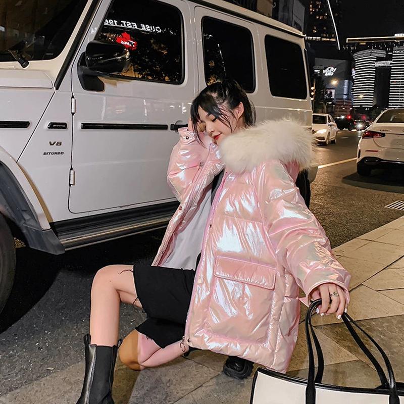Women's Glossy Loose Down Jacket Mid-length Korean Thick Coat Warm Cotton Coat with Big Fur Collar Winter Quilted Jacket