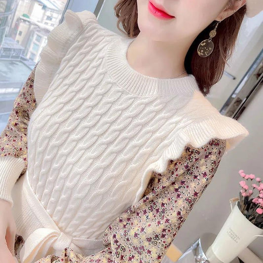 Autumn and Winter Fake Two-piece Over-the-knee Long Base Sweater Dress Base Knitted Stitching Corduroy Floral Dress