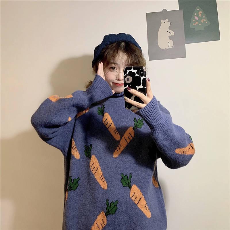 Pofulove Korean Turtleneck Color-matching Sweater Female Loose Pattern Wild Sweater Autumn Winter