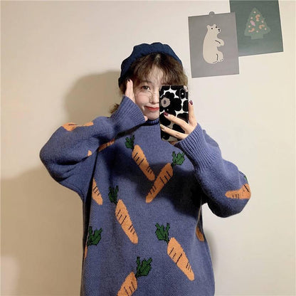 Pofulove Turtleneck Color-matching Sweater Autumn Winter Female Loose Carrot Patter Sweater