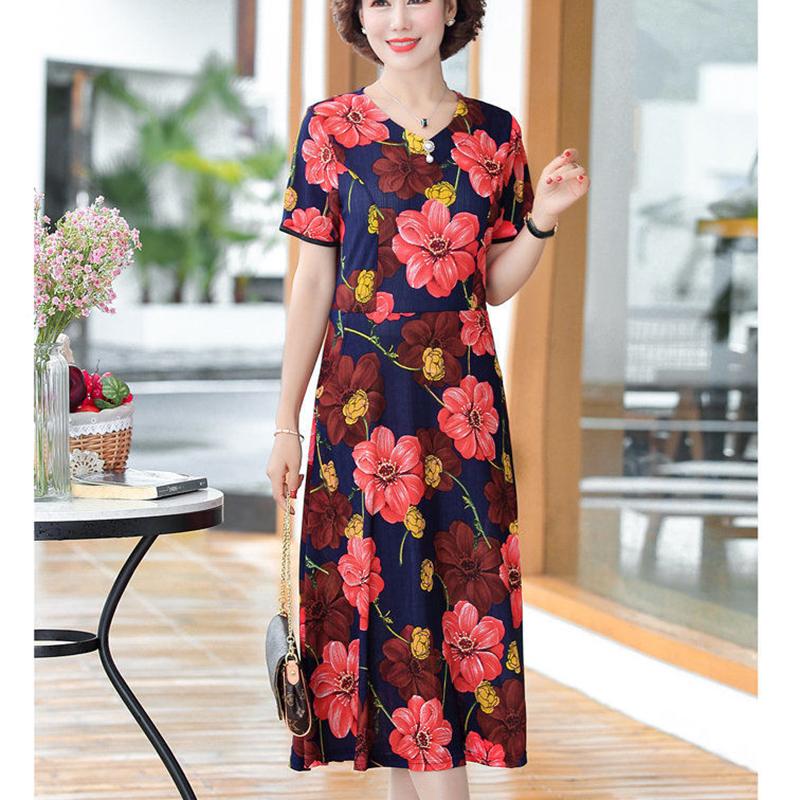 XL-XXXXXL Plus Size Summer Mid-length Printed Floral Ruffle Over-the-knee Dress V-Neck Short Sleeve A-line Skirt