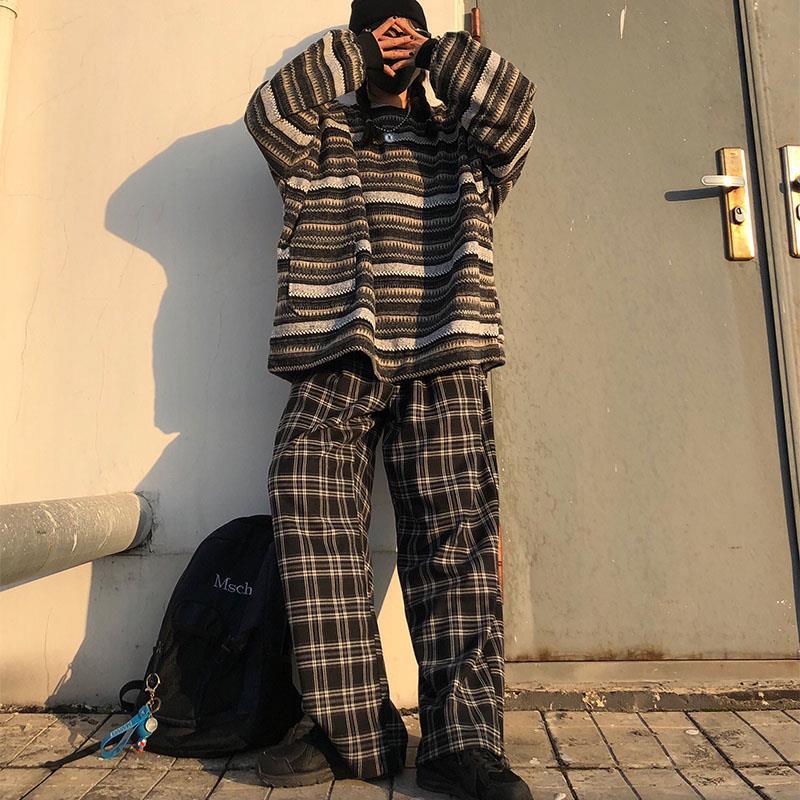 Unisex Women Striped Knit Sweater Spring Autumn Retro Hip Hop Pullovers Tops Female Oversize Ulzzang BF Couples Japanese