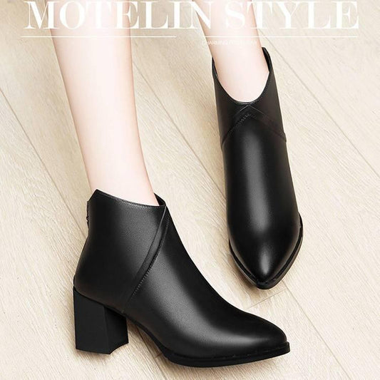High Quality Leather Ankle Boots Sexy Pointed Toe Female Shoes Woman Slip on Elastic Band Footwear