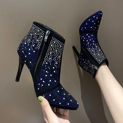 Ladies Zip High Heels Boots Women Pointed Toe Glittering Party Wedding Ankle Martin Boots Shoes