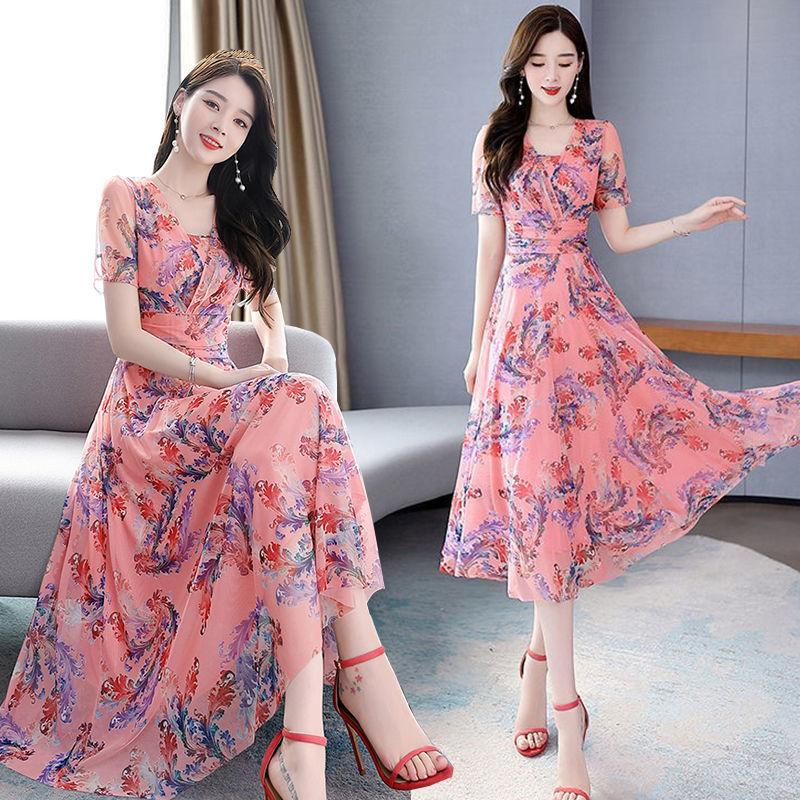 High-end Large Size Dress Ice Silk Fairy Skirt Sweet Floral Temperament Chiffon Summer Dress Waist Thin Fabric Light and Breathable