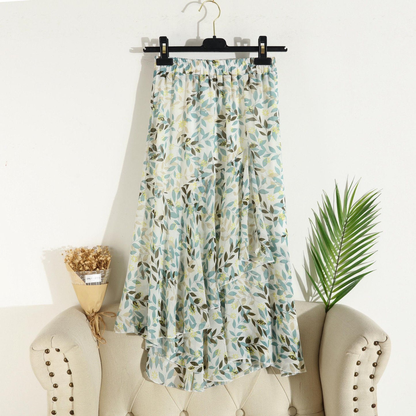 Womens Summer Skirts Korean Style Design Date Fashion Floral Printed Chiffon High Waist Long Skirt