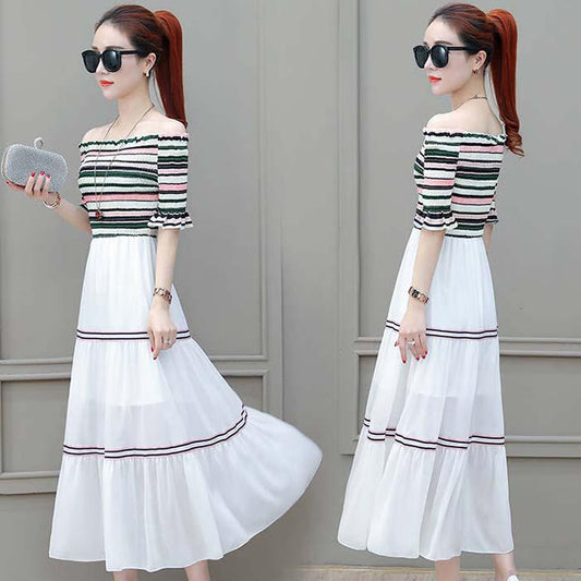 Pofulove S-2XL Women Vintage Off-shoulder A-line Dress Slim Single-neck Mid-length Dress Beach Dress