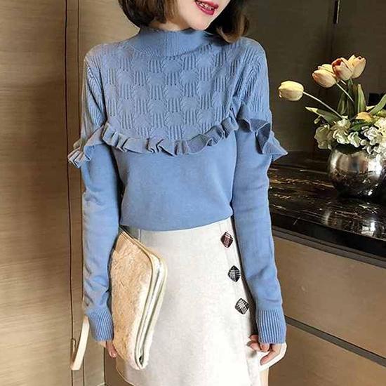 Pofulove Girly Ruffles Neck V-shaped Lace Knitwear Skin-friendly High Elastic Women Jumper Sweater