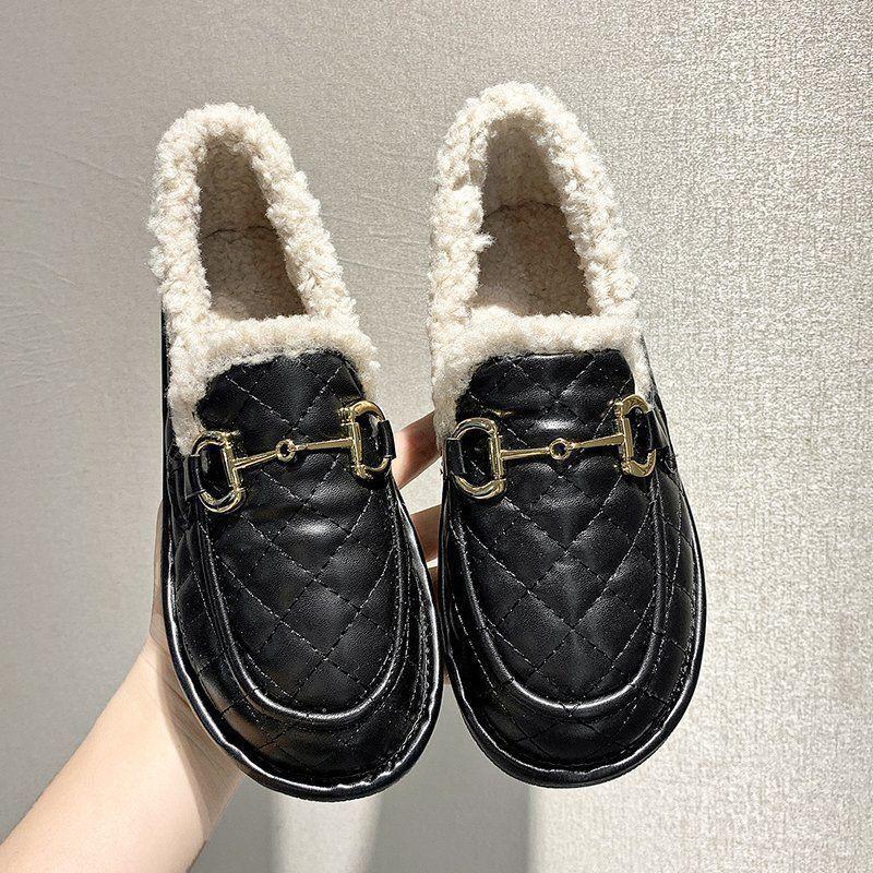 Women's Plush Cotton Shoes for Winter Wear Flat-bottomed Non-slip Plus Velvet Thick One-step Lazy Beanie Shoes Ladies Warm Moccasin Shoes