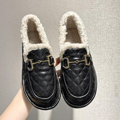 Women's Plush Cotton Shoes for Winter Wear Flat-bottomed Non-slip Plus Velvet Thick One-step Lazy Beanie Shoes Ladies Warm Moccasin Shoes