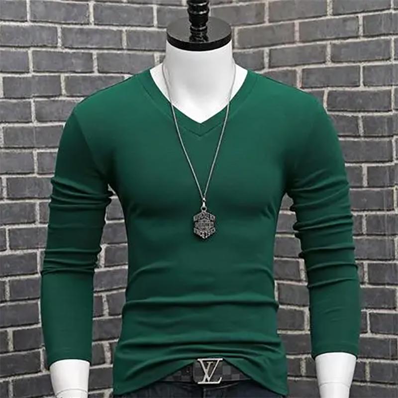 Men's V-neck Long-sleeved Cotton Sweater for Youth Self-cultivation Solid Color Korean Version of Autumn Sweatshirts
