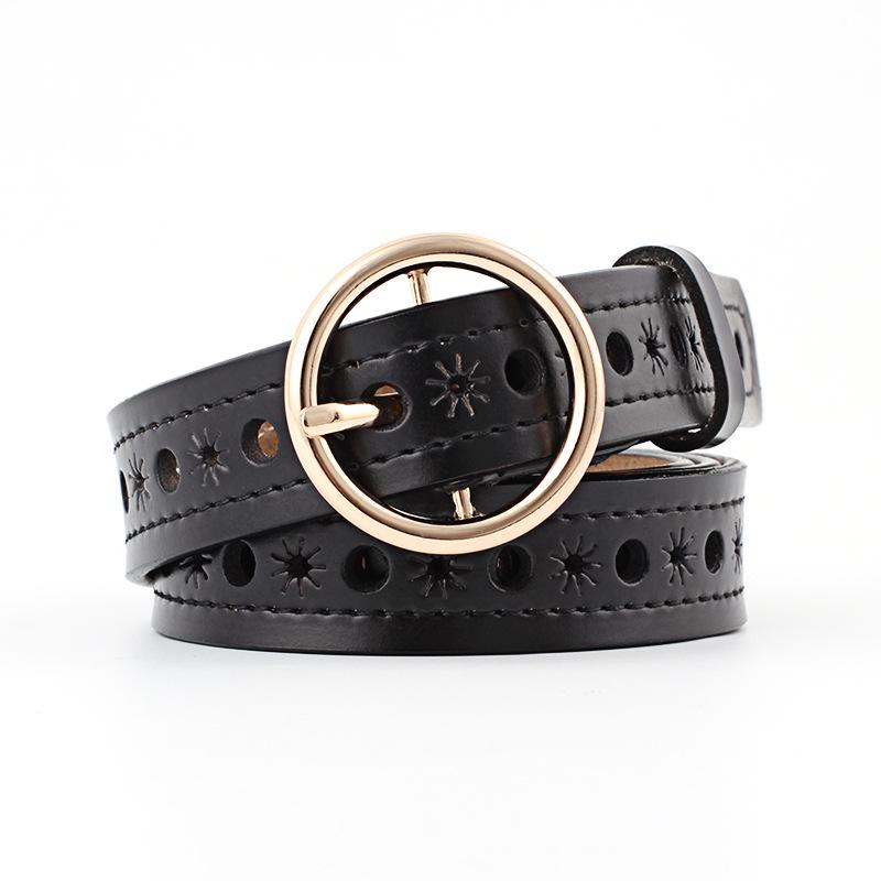 Round Buckle Leather Belt Ladies Hollow Belt Fashion Wild Jeans Belt Casual