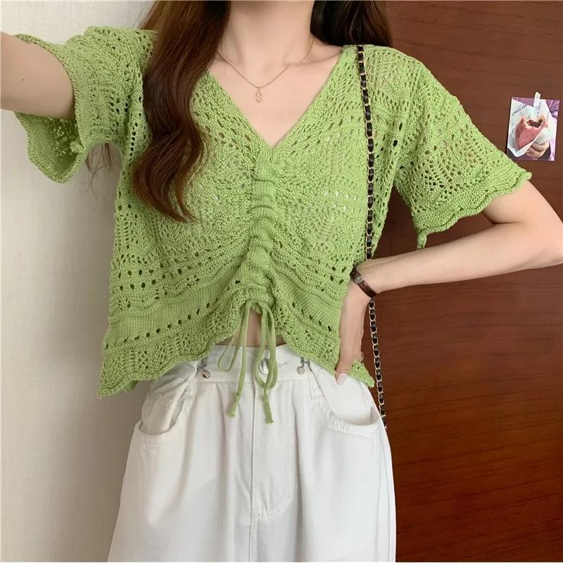 Hollow Knitted Sweater Summer Scheming Thin Short-sleeved Shirt Women's Top Korean Style Drawstring V-neck Short T-shirt Female Pullover Sweater Tee